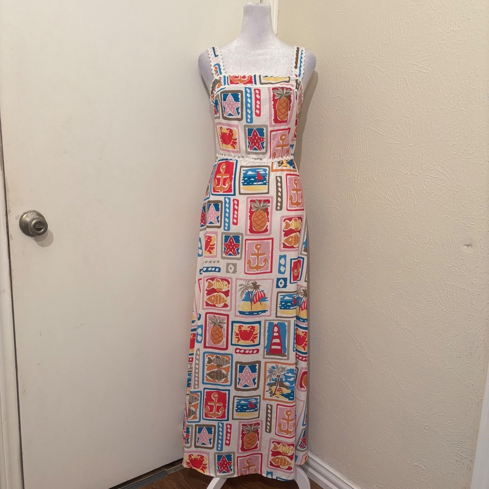 NWT Coastal Beach Travel Nautical Print A Line Maxi Dress Sz S